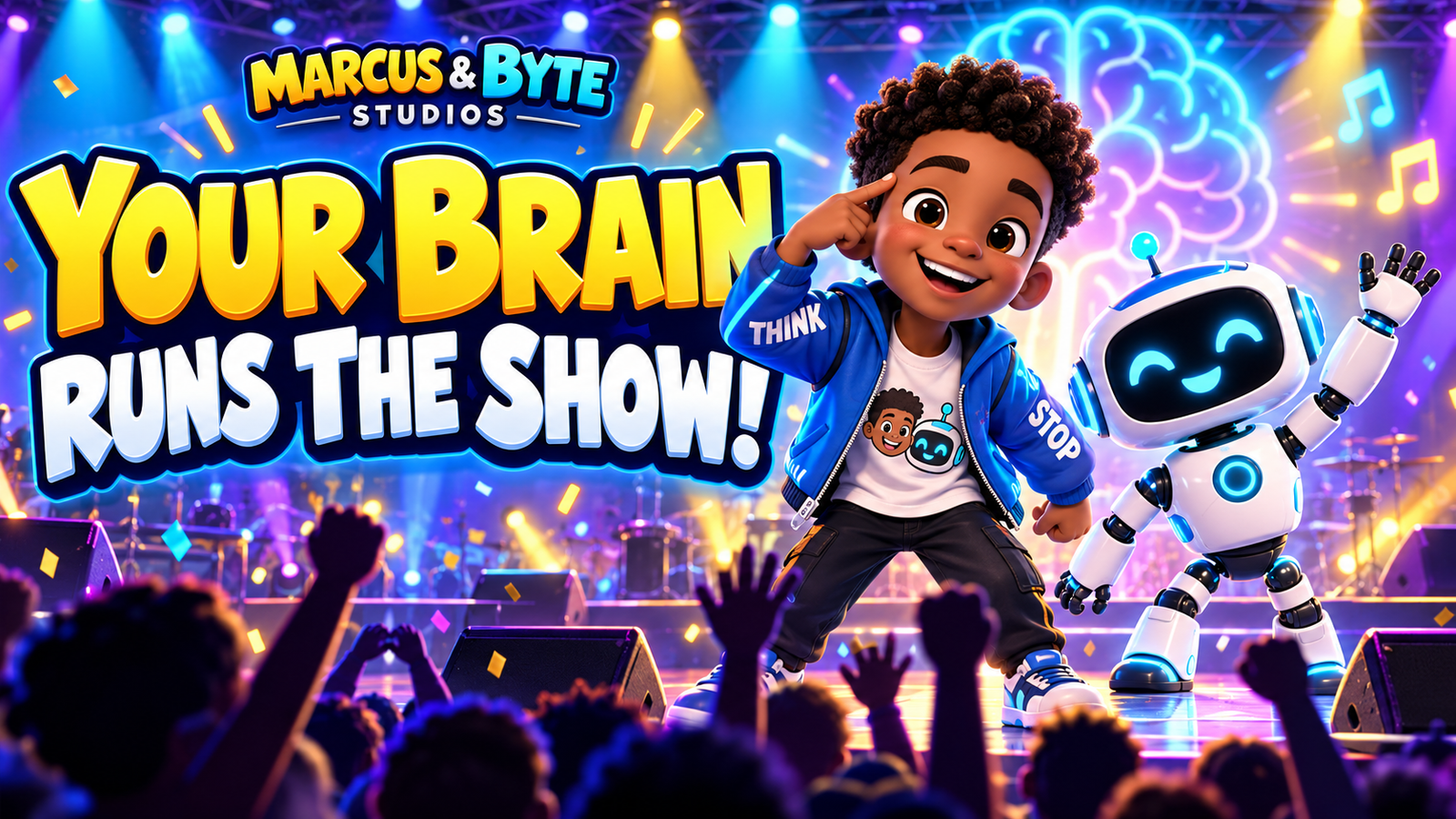 Marcus and Byte on a colorful concert stage with the words Your Brain Runs the Show!